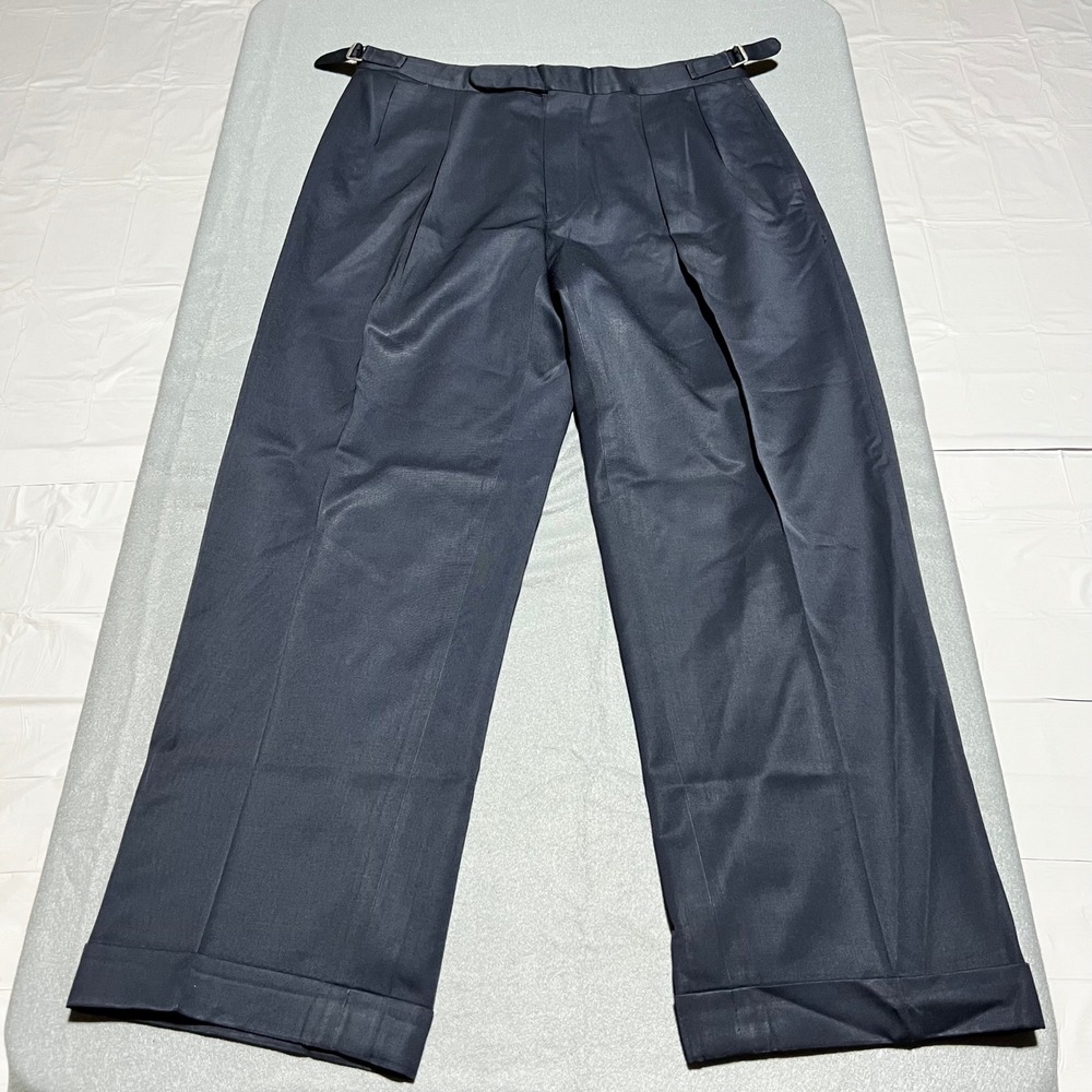 Vtg Polo Ralph Lauren Navy Super 100s Wool Pleated Trousers Side Adjusters 36R